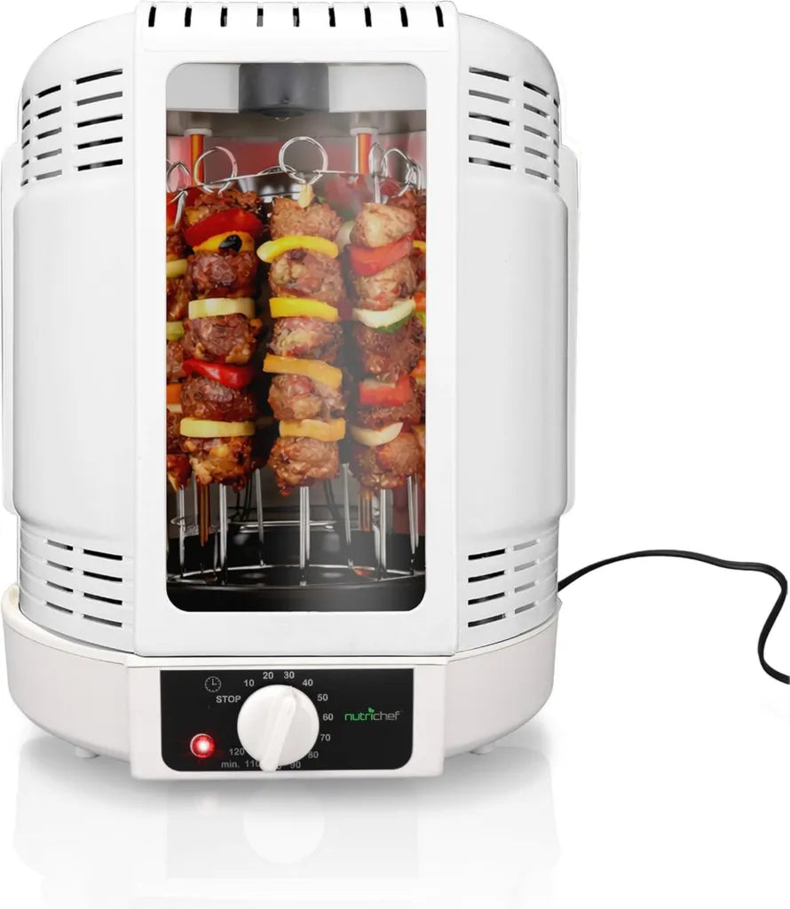 Elektrischer Tischgrill mit Drehspieß – 700W Vertikalgrill für Hähnchen & mehr, Kompakt & Fettarm, Inklusive Zubehör & Tropfschale, Weiß