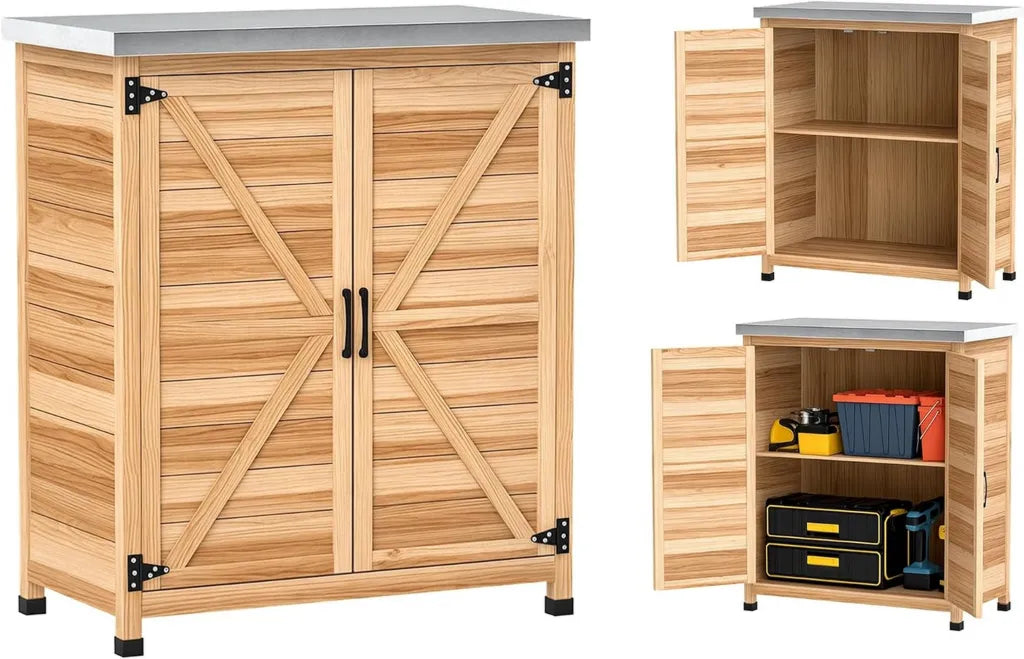 Outsunny Holzschrank mit Pflanztisch und Metallplatte, Doppeltür & Regalfächer, für Garten & Balkon, 79 x 43 x 92 cm