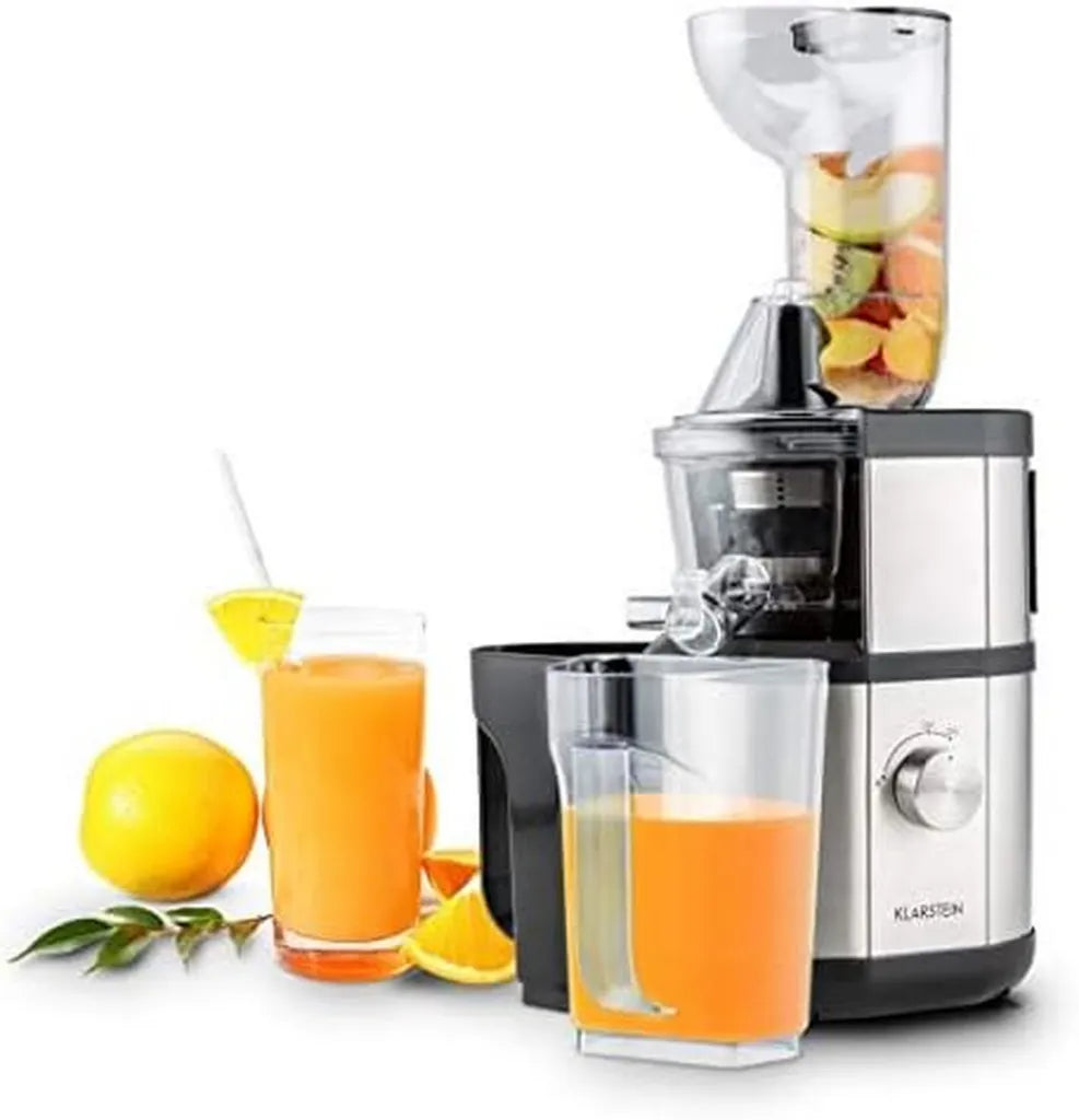 Klarstein Fruitberry Slow Juicer, leiser Entsafter, vertikale Saftpresse mit Edelstahl-Mikrosieb, 400W, 60 U/min, BPA-frei, 8,5 cm Einfüllrohr, inklusive Behälter, silber