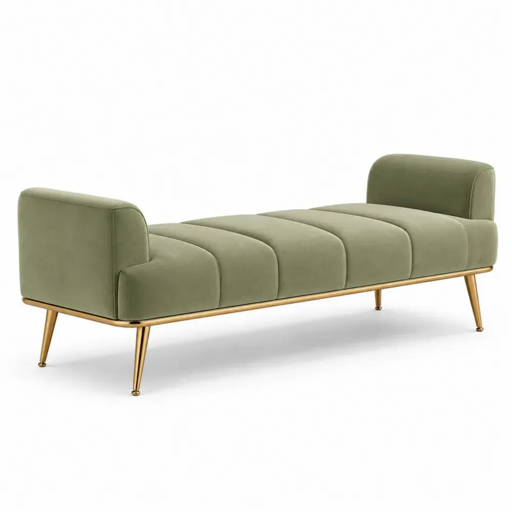 Schlafzimmerbank gepolstert mit Endpolstern rechteckig Polyester-Samtgewebe Stahl Olivgrün Goldfarben 150 x 45 x 60 cm