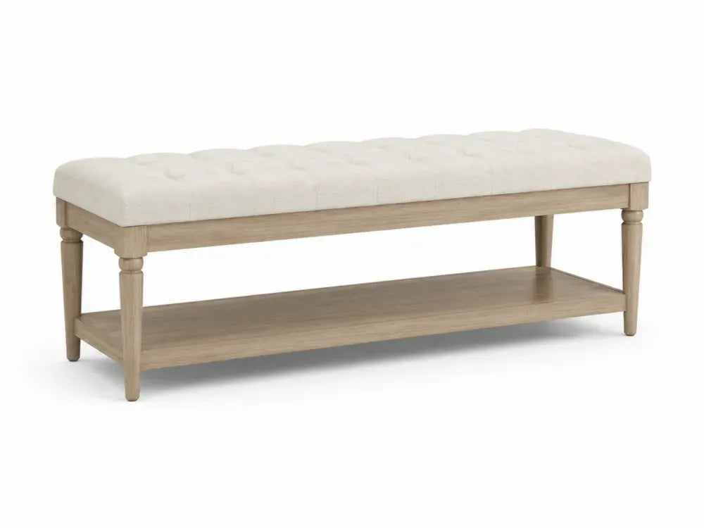 Schlafzimmerbank rechteckige Sitzbank mit Ablage und Polstersitz Polyestergewebe Kautschukholz Natur Beige 120 x 40 x 48 cm