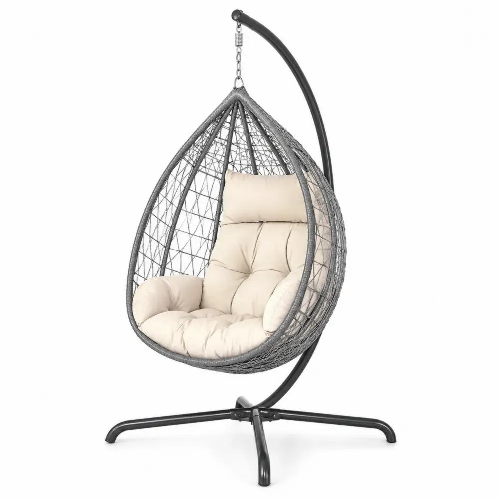 Garten Hängesessel mit Gestell und Kissen eiförmig 105 x 95 x 196 cm PE-Rattan Stahl Cremeweiß Grau Schwarz