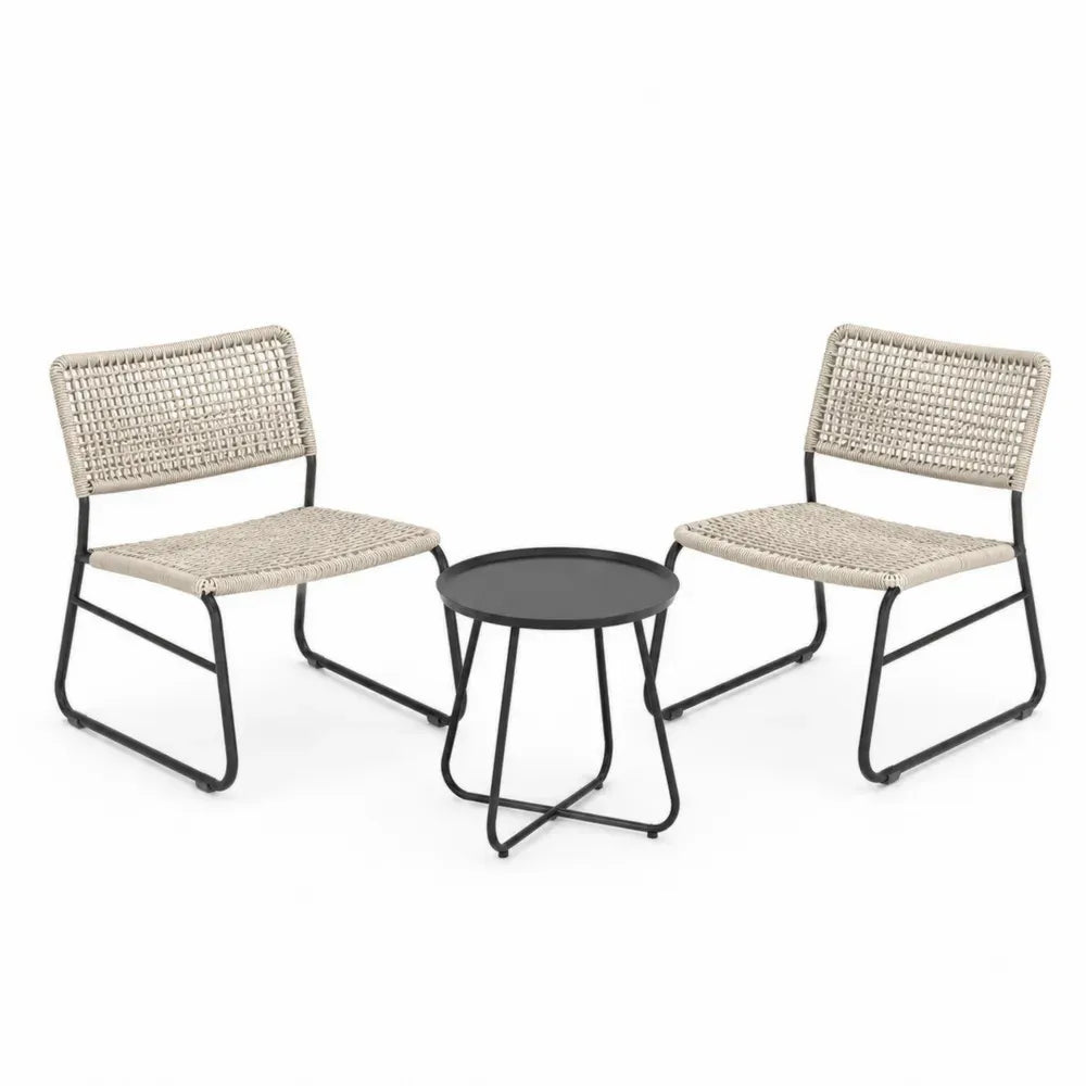 3-teiliges Gartenmöbel Set mit 2 Stühlen und rundem Beistelltisch PE Rattan Stahlrahmen naturbeige schwarz Stuhl 60 x 67 x 76 cm Tisch Ø 45 x 45 cm
