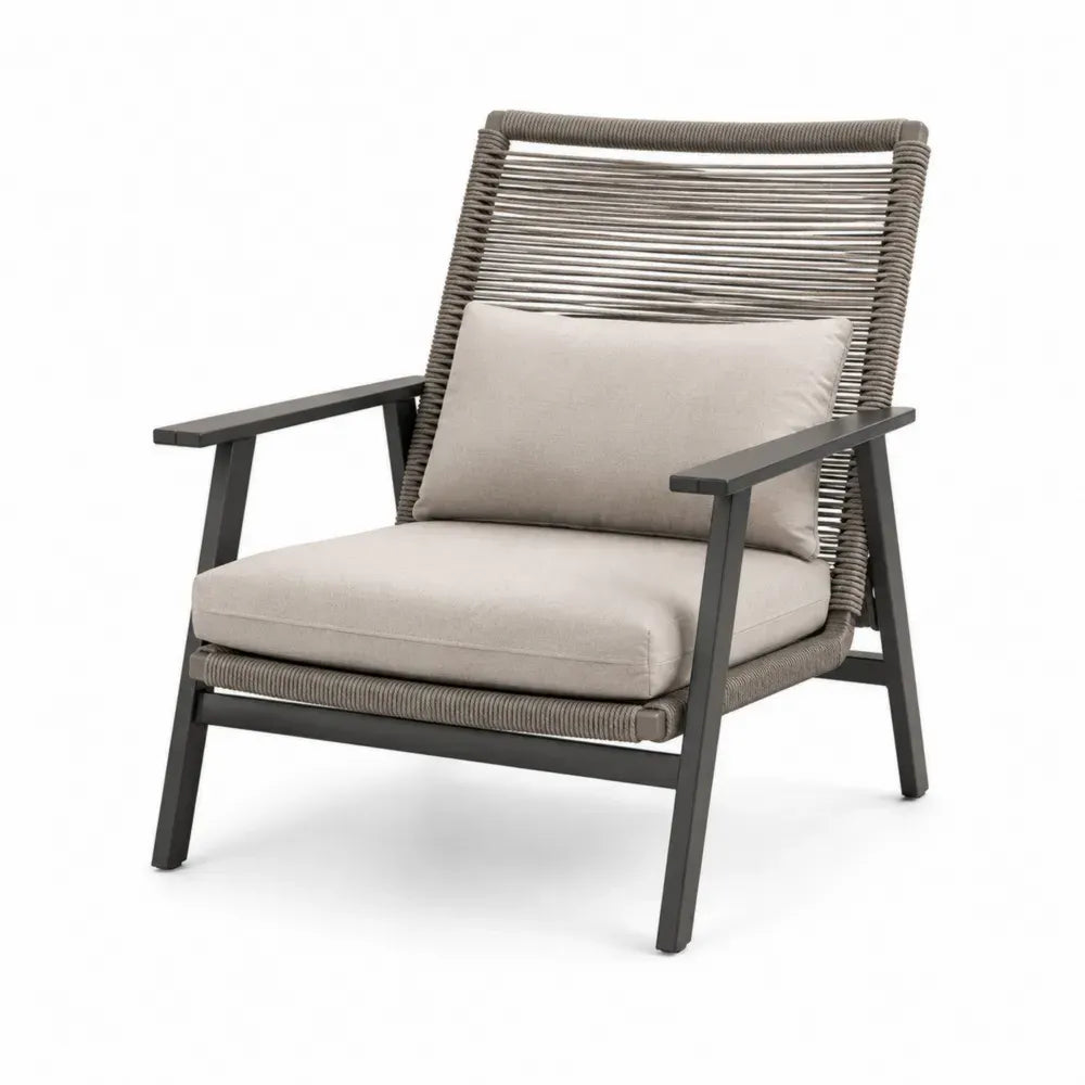 Gartenstuhl Loungesessel mit Armlehnen und Kissen 70 x 78 x 85 cm Aluminiumrahmen PE-Rattan-Seilgeflecht Beige Grau Anthrazit