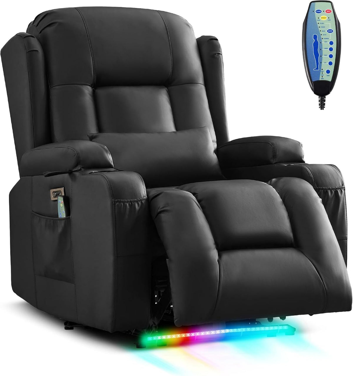 Massagesessel – Wärmefunktion, mit USB-Anschluss, mit Kunstlederbezug, mit Liegefunktion, 150 kg, schwarz