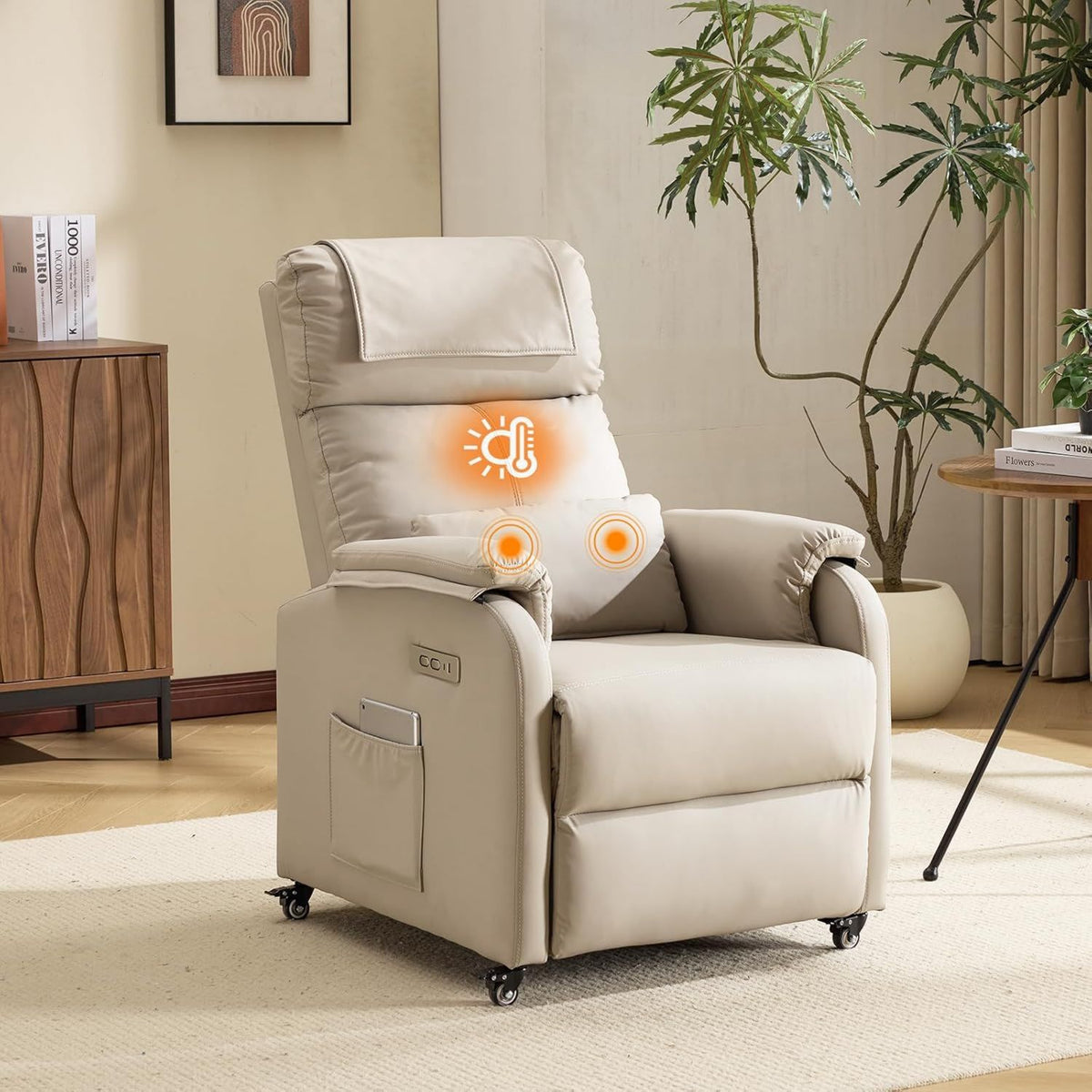 Massagesessel - Wärmefunktion, mit USB-Anschluss, mit Liegefunktion, beige