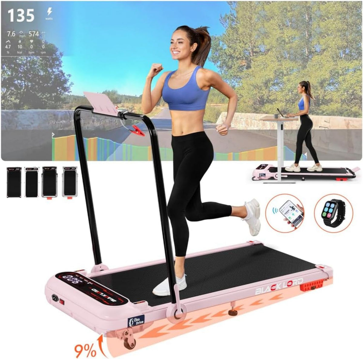 Walking Pad: für den Einsatz unter dem Schreibtisch, einstellbare Steigung, leiser Betrieb, LED-Anzeige, 140 kg, 16 km/h, 2 PS, BLACK LORD